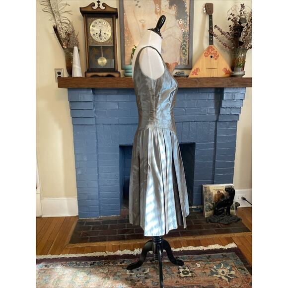 Carmen Marc Valvo Collection 8 Metallic Slate Blue Jacquard Silk Dress Lined - Picture 4 of 16